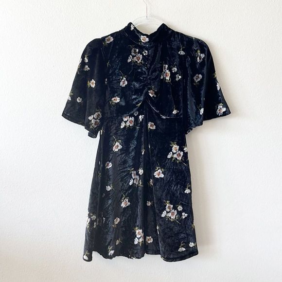 Free People Be My Baby Velvet Floral Print High Neck Mini Dress - Picture 4 of 12